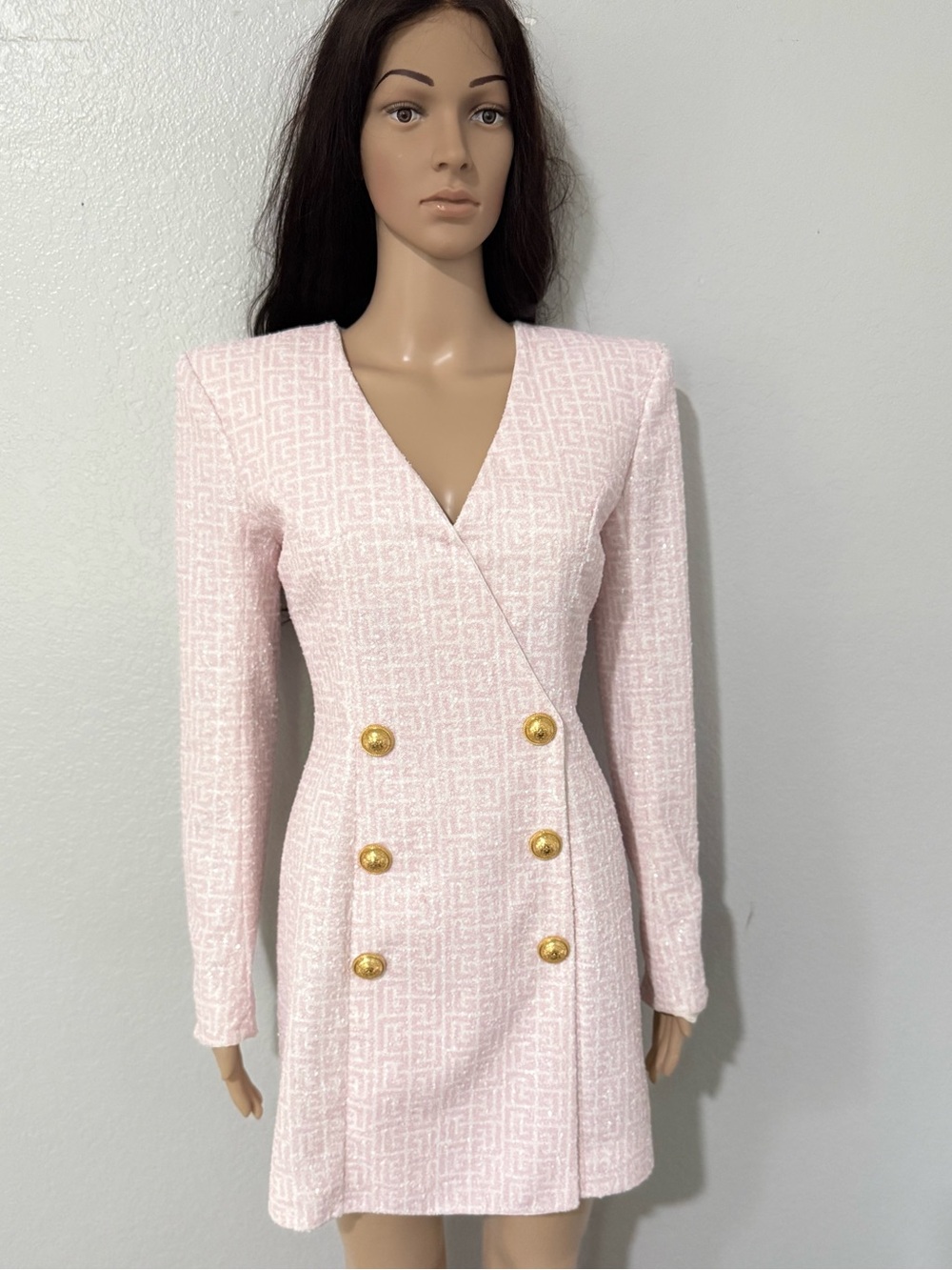 Balmain Pale Pink Double-Breasted Blazer Mini Dress with Gold Buttons